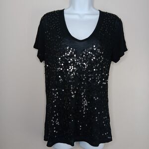 Tory Burch Sequin T-shirt Women's Small Black Semi-Sheer Boho Chic Retro Atrsy